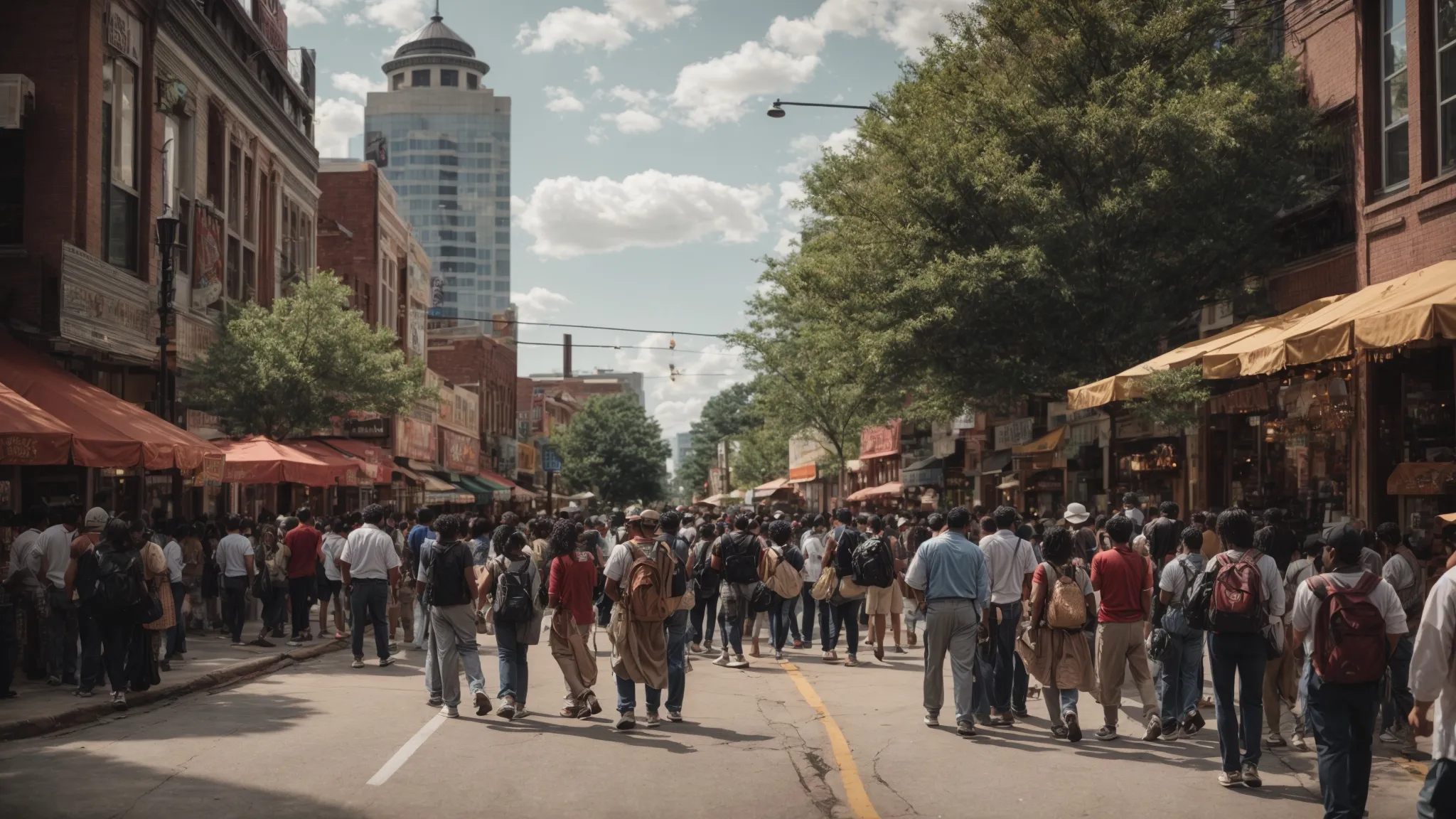 a bustling atlanta street scene with diverse individuals engaging with local businesses.