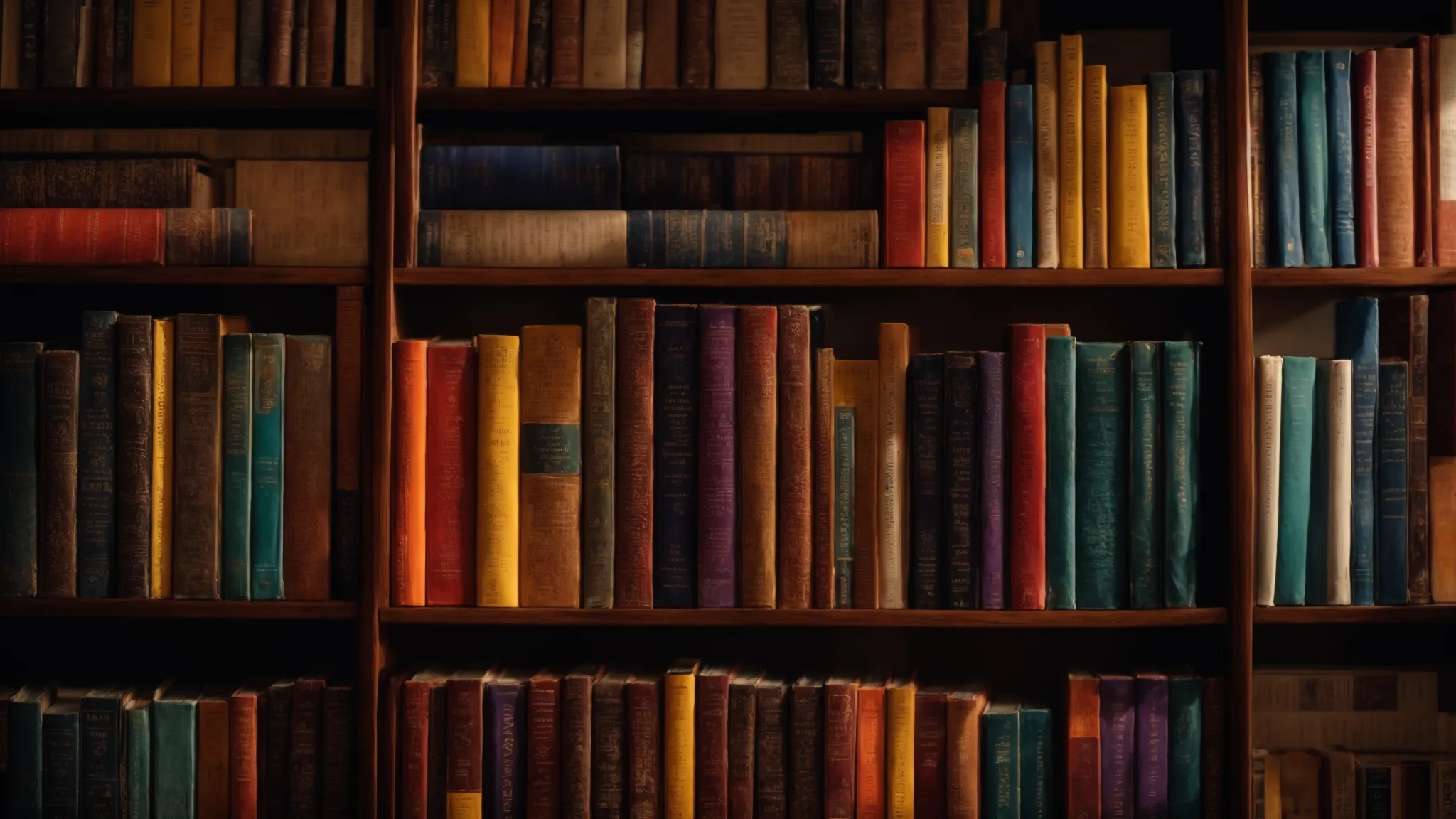 a diverse array of colorful books arranged in a spectrum on a library shelf, symbolizing the strategic balance of information variety.