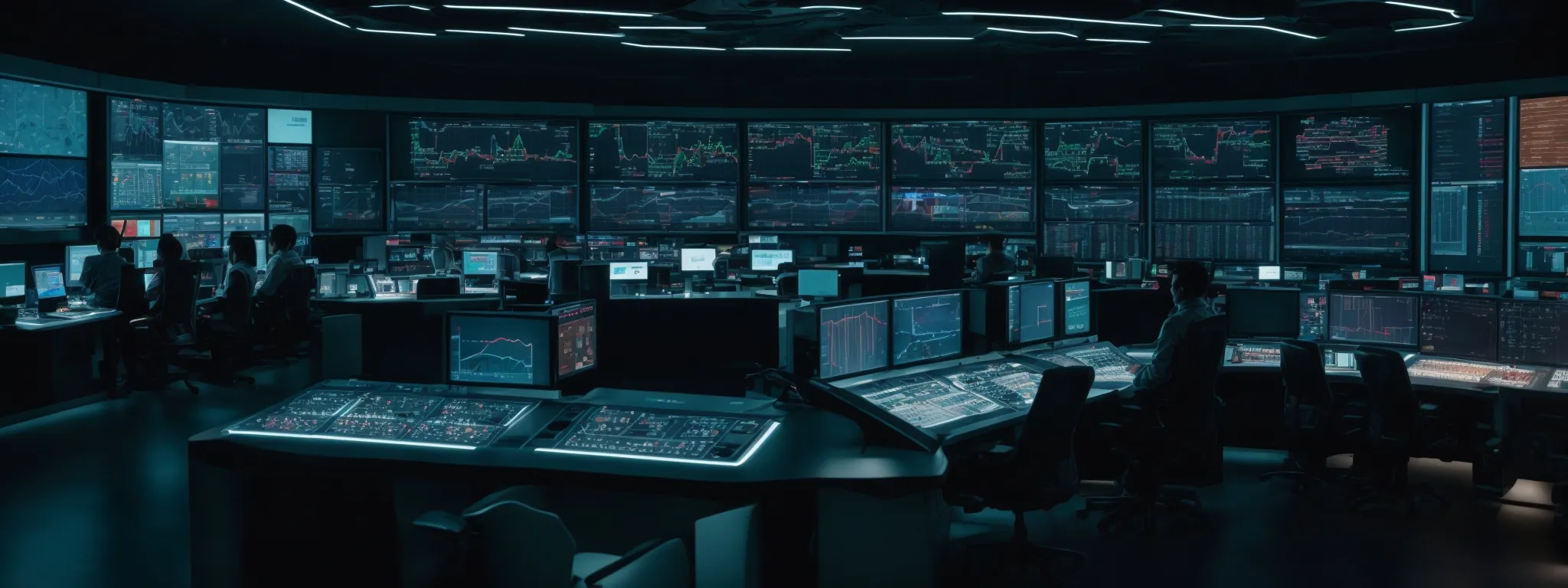 a futuristic control room filled with computer screens displaying data analytics and artificial intelligence interfaces.