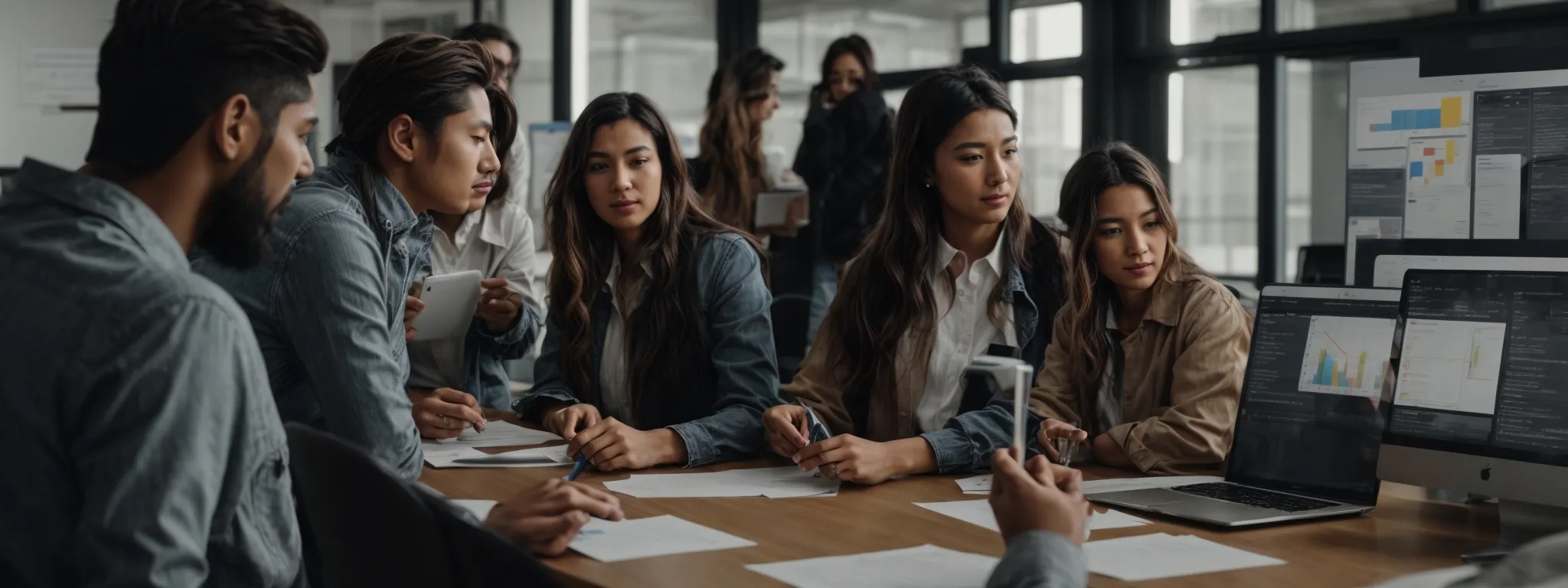 a group of people engaged in a collaborative discussion over a shared workspace, highlighting diagrams and charts that represent user experience strategies.