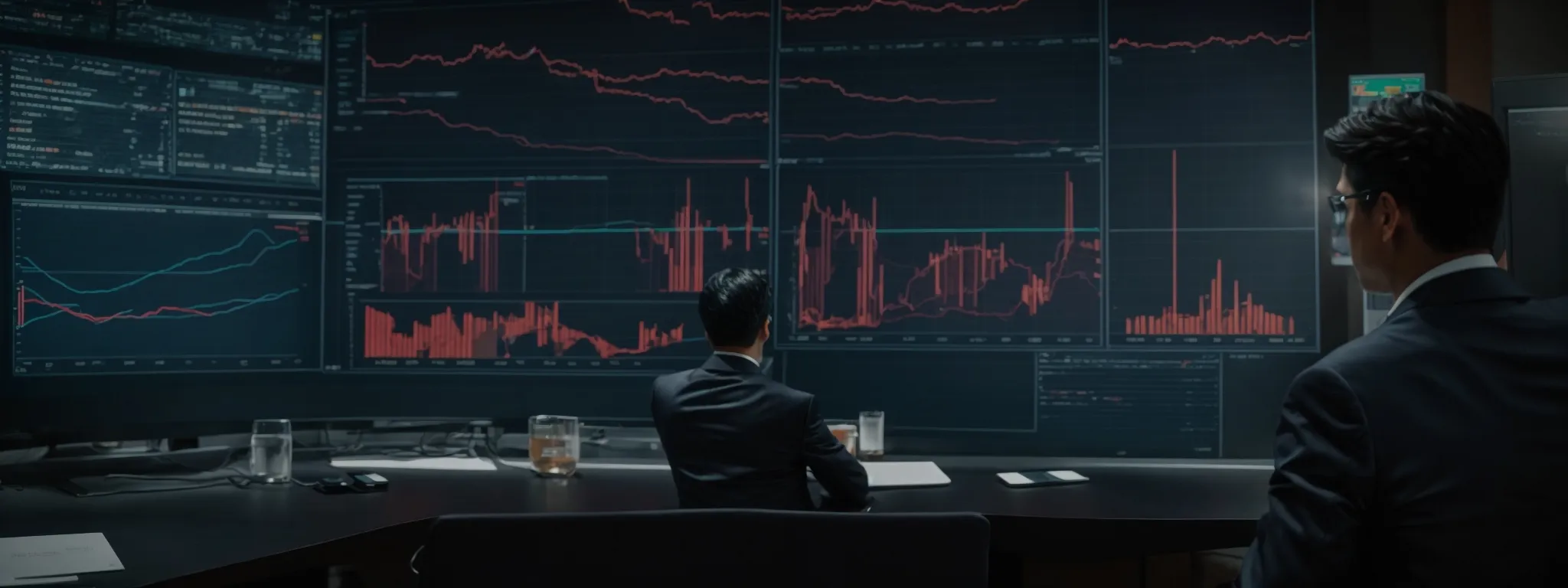 two business professionals examine a large graph on a screen, analyzing market trends and competitor data.