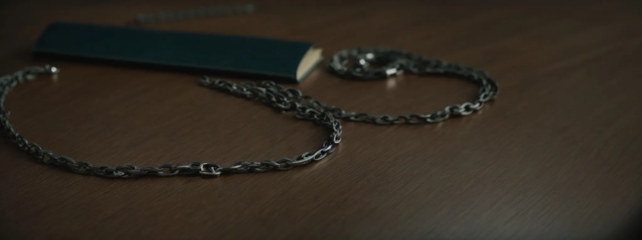 a broken chain lying on a desk beside an open, dusty book.