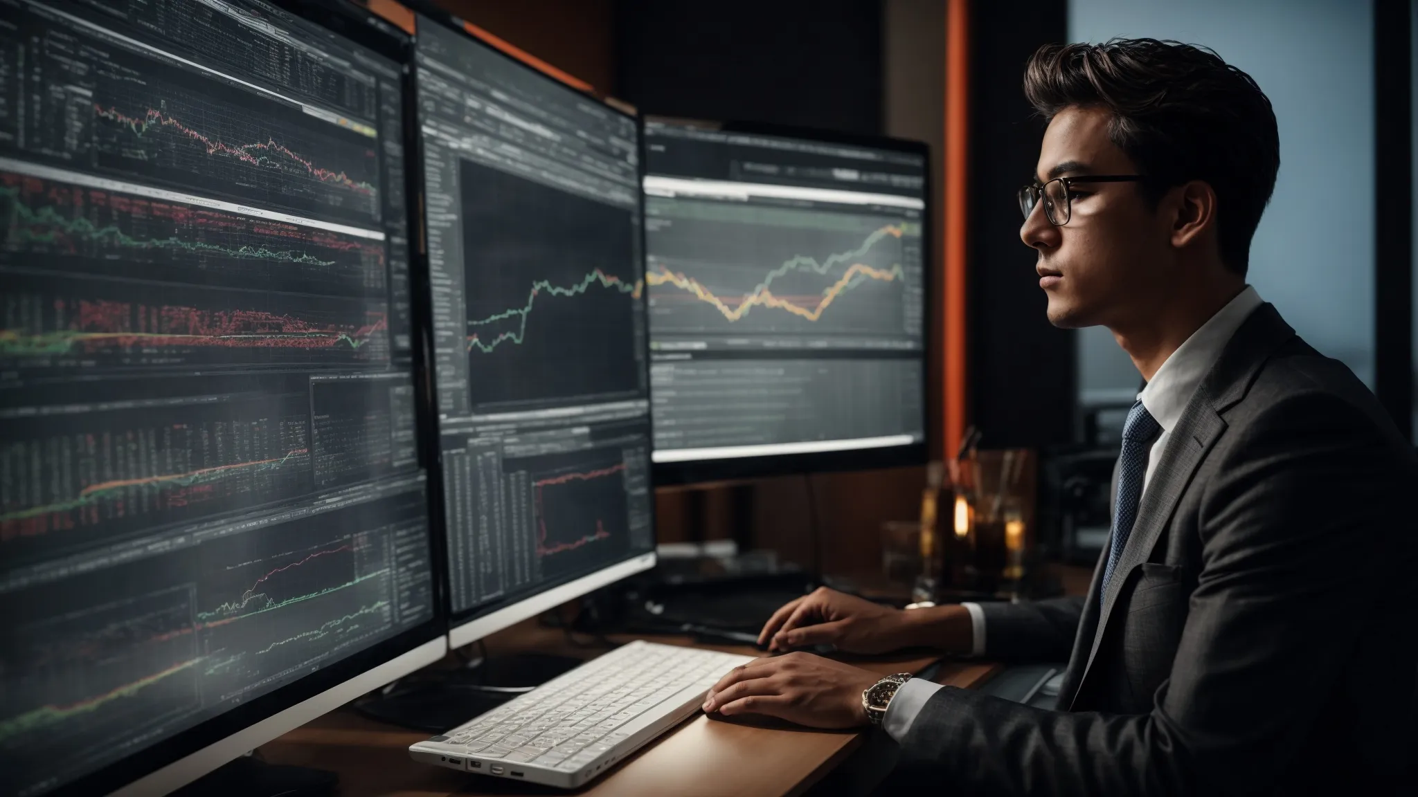 a studious individual attentively examines comprehensive analytics on a computer screen, reflecting on seo strategies.