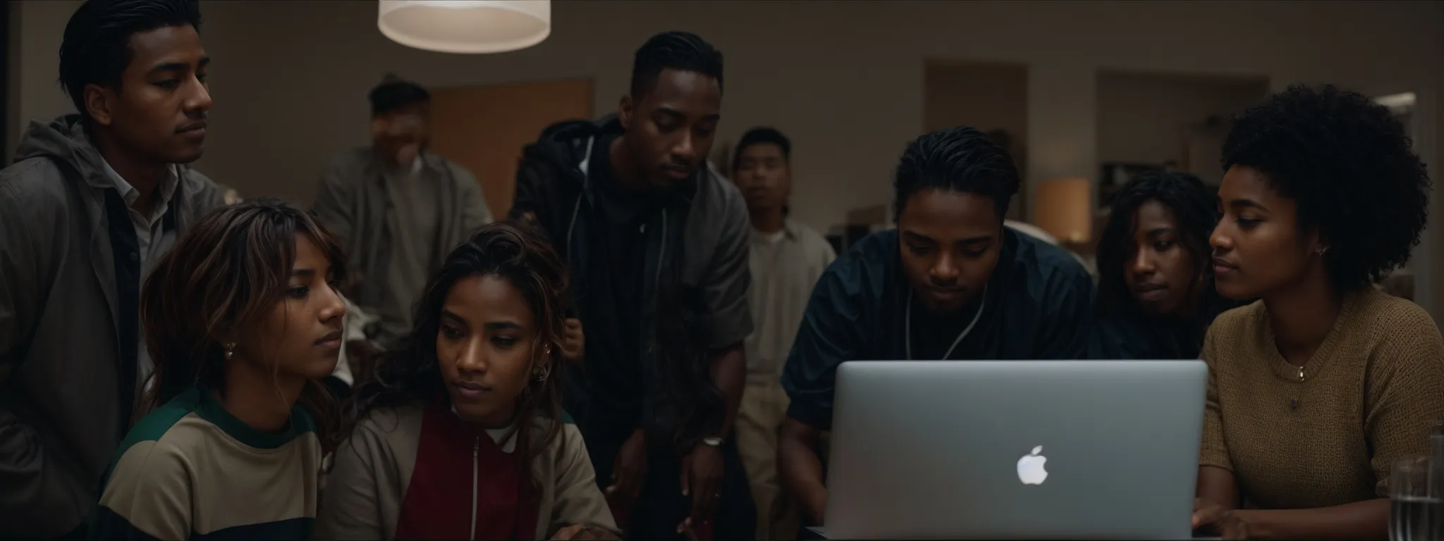 a group of diverse people gathered around a laptop discussing a website design.