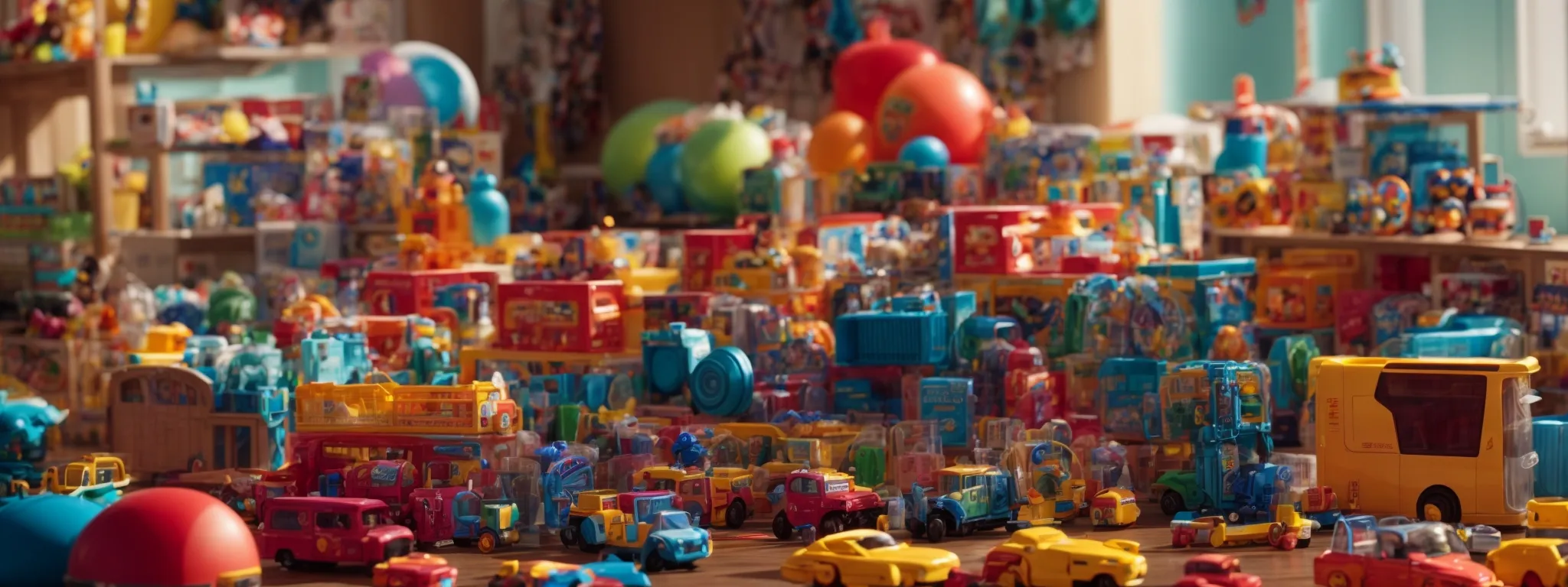 a bright, colorful assortment of various toys thoughtfully displayed on a clean website layout.