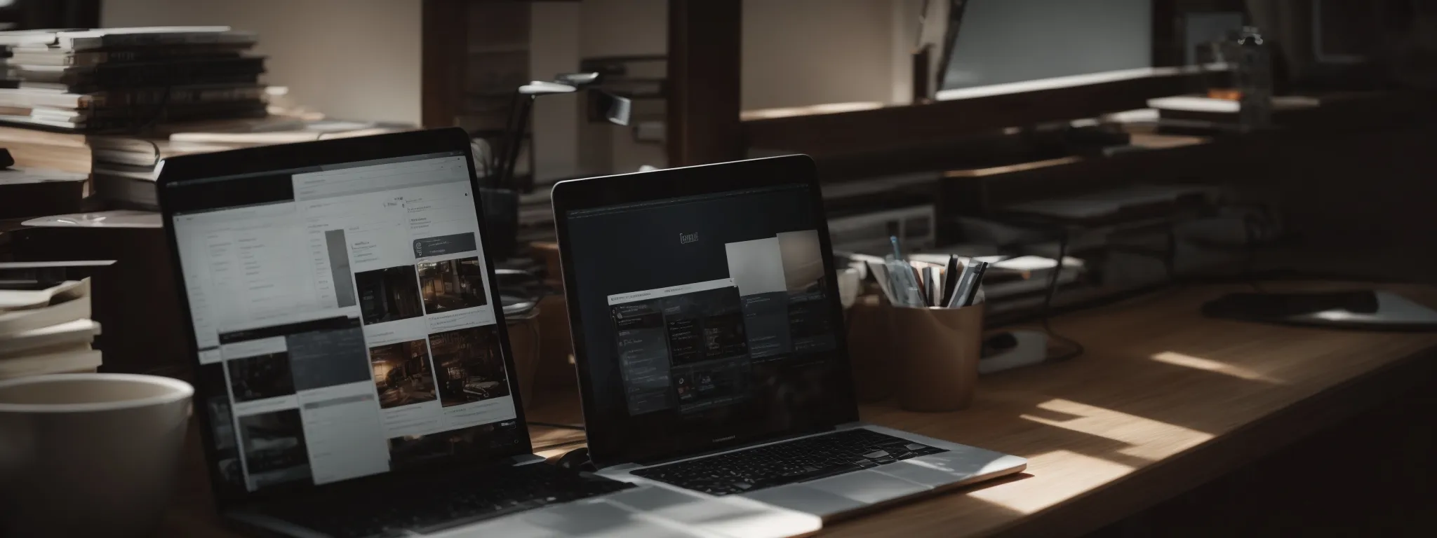 a neat workspace illuminated by soft light, displaying an open laptop with an array of organized digital folders on the screen.