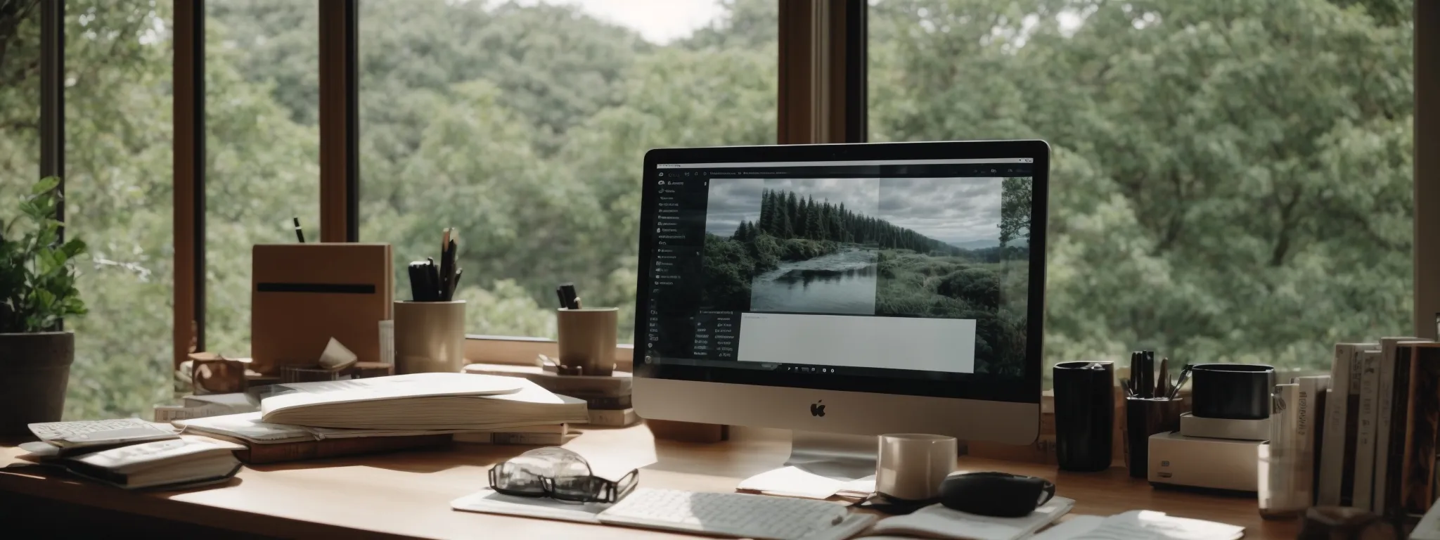 a serene, distraction-free study with a modern computer displaying a brainstorming application, surrounded by open books and a peaceful nature view outside.