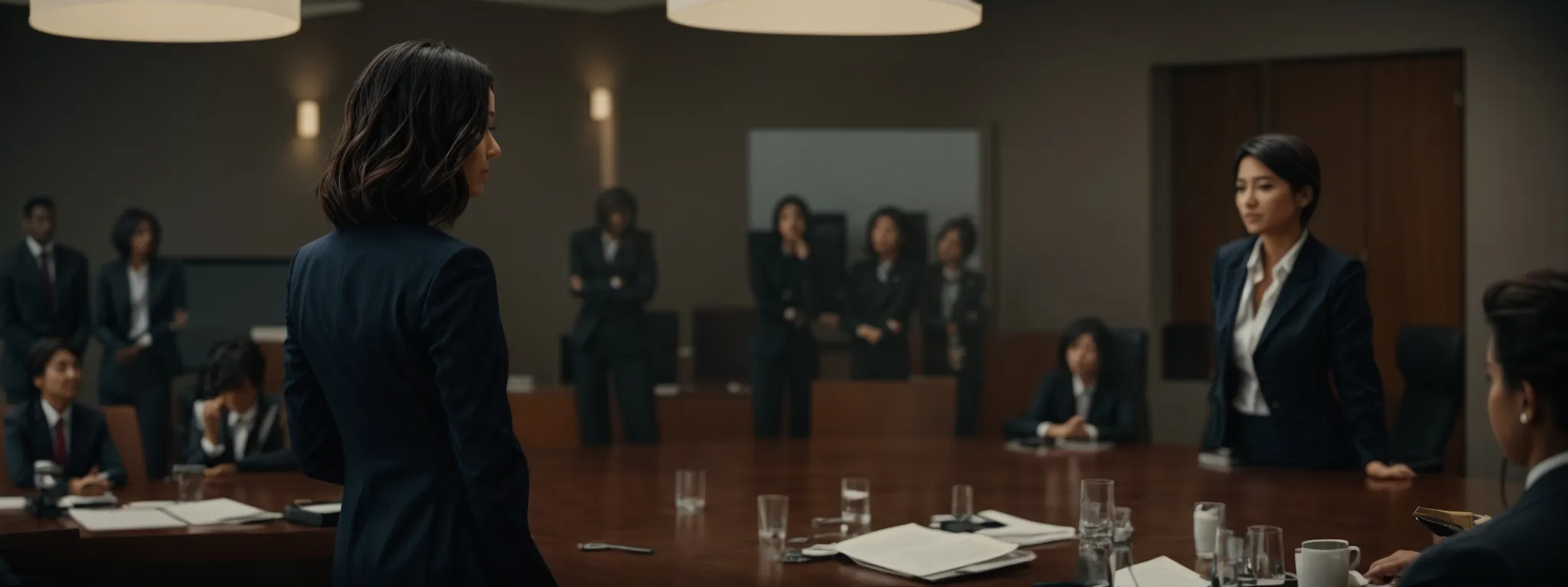 a confident woman standing tall at the helm of a boardroom, addressing diverse colleagues.