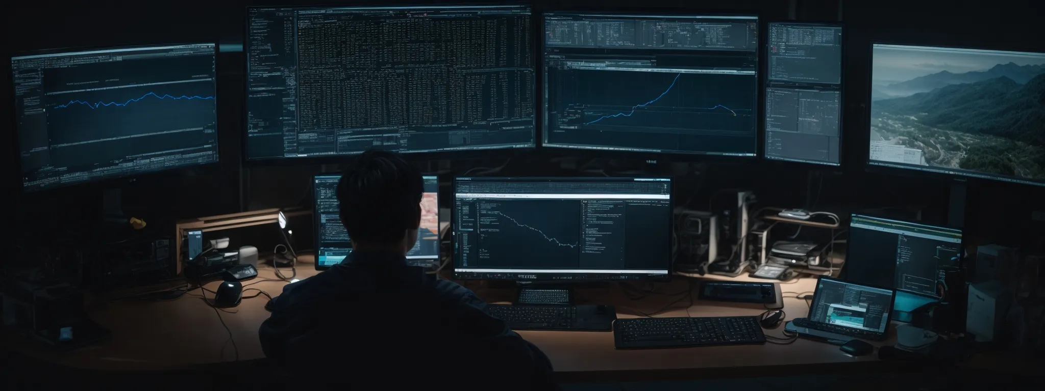 a web developer sits before a dual-monitor workstation, optimizing a complex network of website connections symbolizing a strong link profile for seo success.