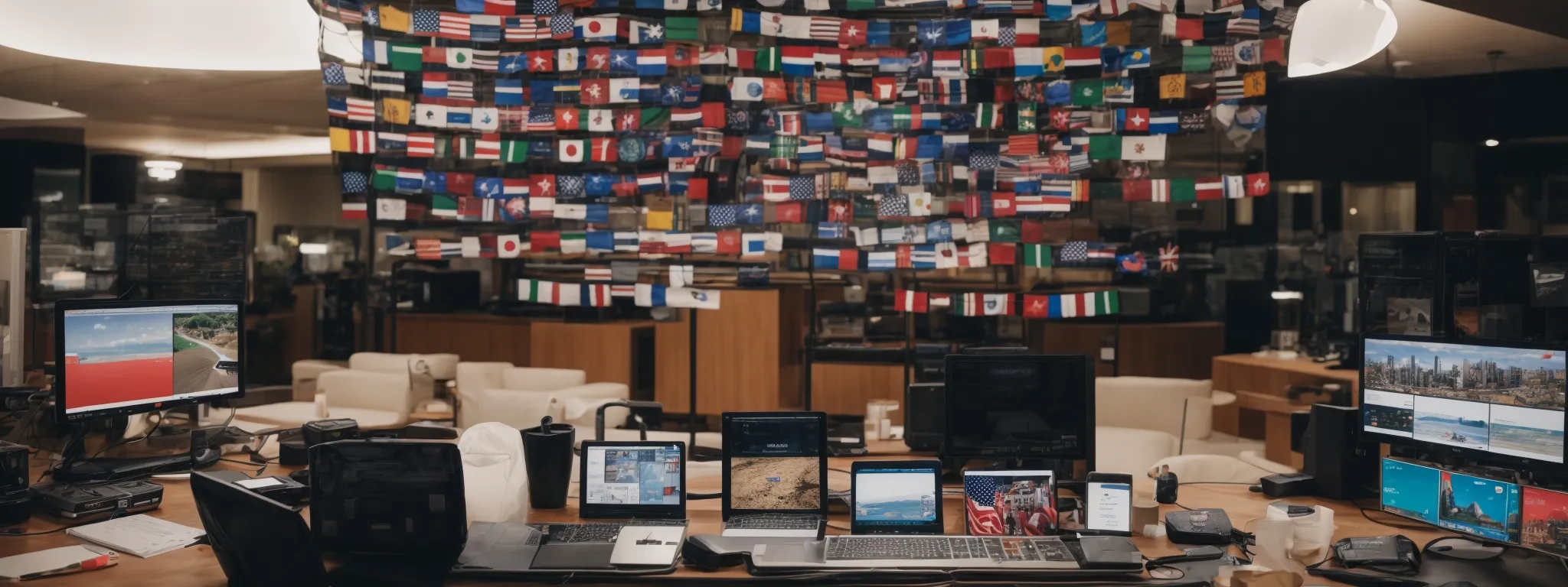 a globe surrounded by multiple flags and computer screens displaying various website homepages.