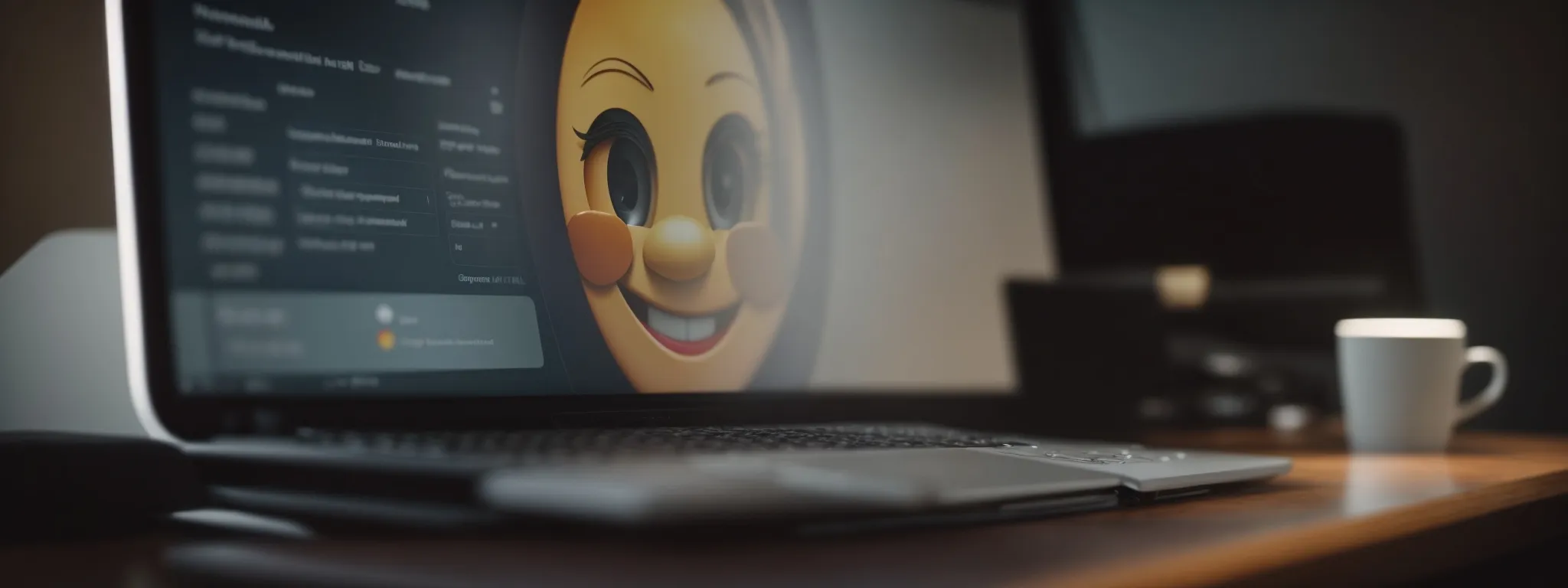a smiling emoji icon on a computer screen with a simplified website user interface in the background.