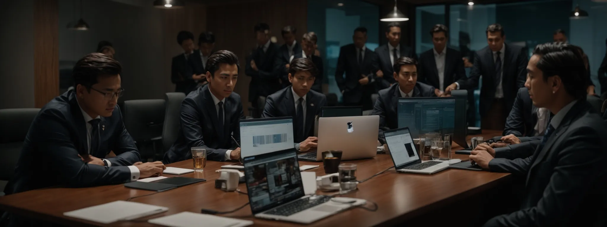 a team of professionals gathers around a conference table, intently discussing strategies over open laptops.