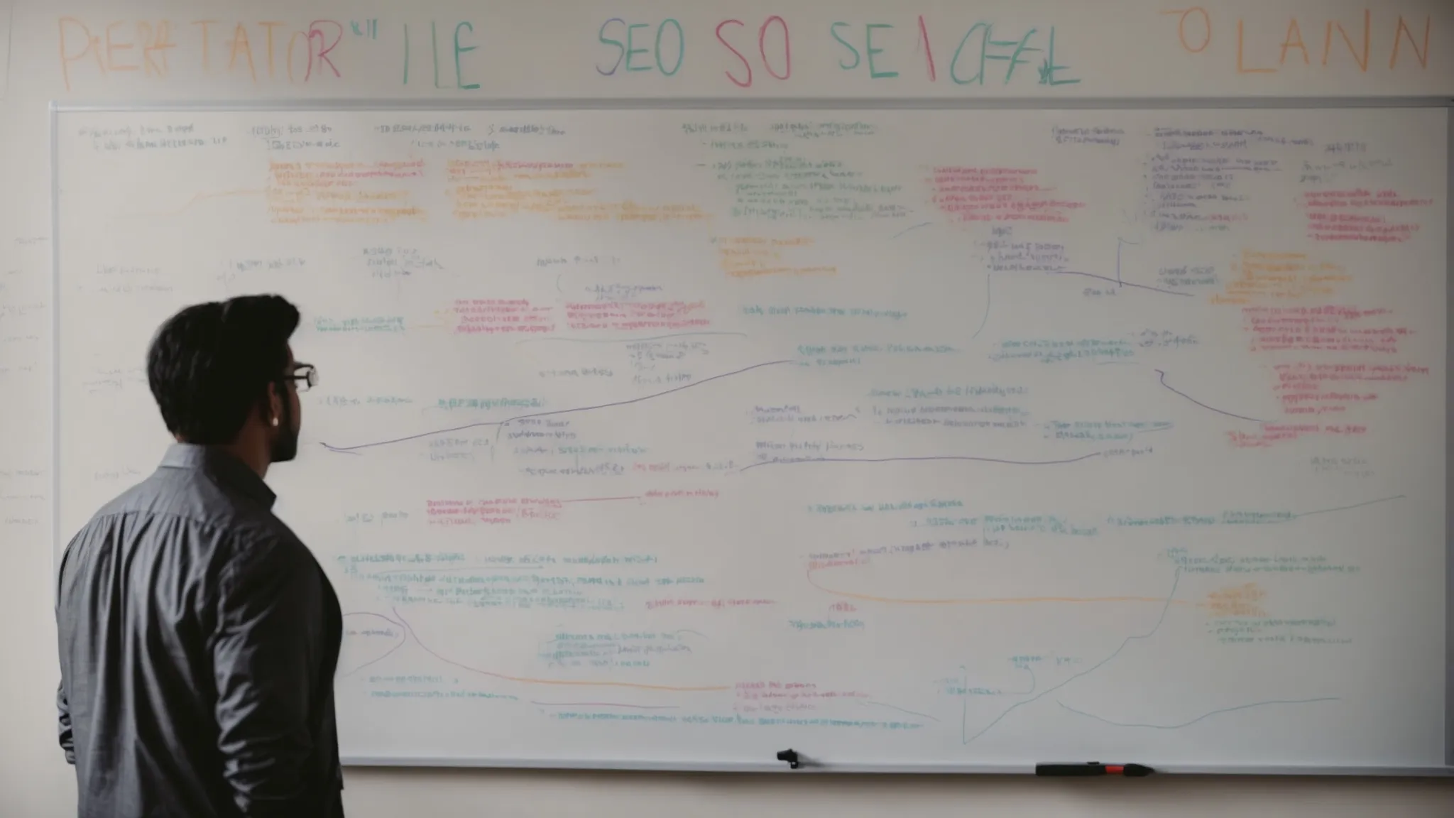 a person standing in front of a whiteboard, mapping out a strategic seo plan with colorful markers.