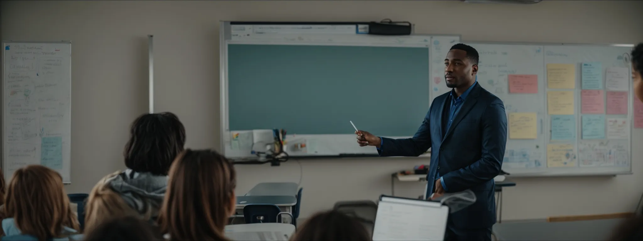 a teacher at a whiteboard presenting to a classroom equipped with laptops open to survey interfaces.