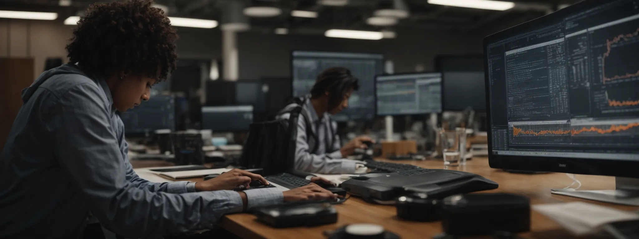 a zoomed-in view of a person working intently on a computer amid a creative office space, suggesting the development or analysis of seo strategies.