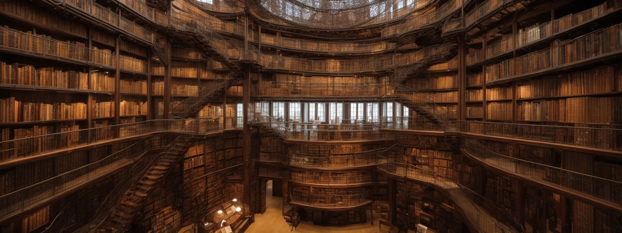 a panoramic view of a vast library with an intricate web of stairs connecting countless bookshelves, symbolizing an interconnected network of knowledge.