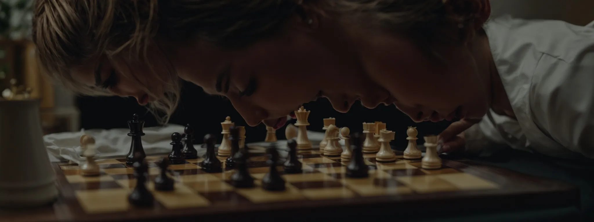 a marketer intently examines a chessboard where pieces represent various seo tactics, symbolizing strategic competitor analysis.