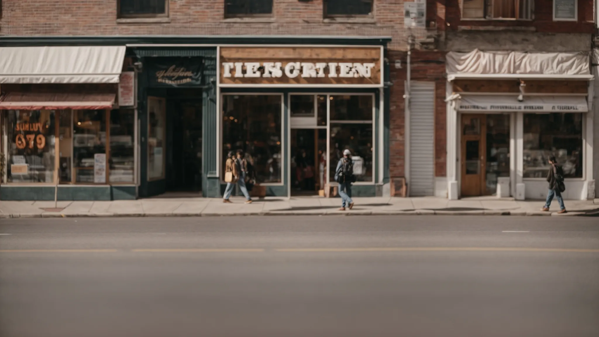 a local business store with a prominent sign, situated on a bustling street corner with diverse pedestrians passing by.