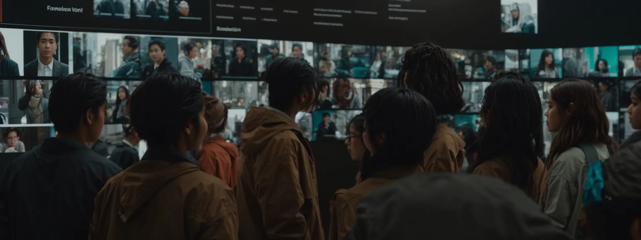 a group of diverse people gather around a digital screen, engaging with a website that displays prominent yet unobtrusive social media share icons.