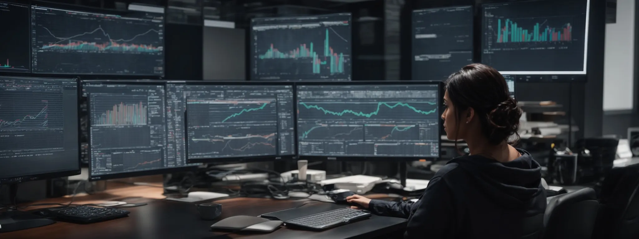 a person sitting at a modern workspace with multiple monitors displaying data analytics and graphs, symbolizing strategy planning for seo trends and updates.