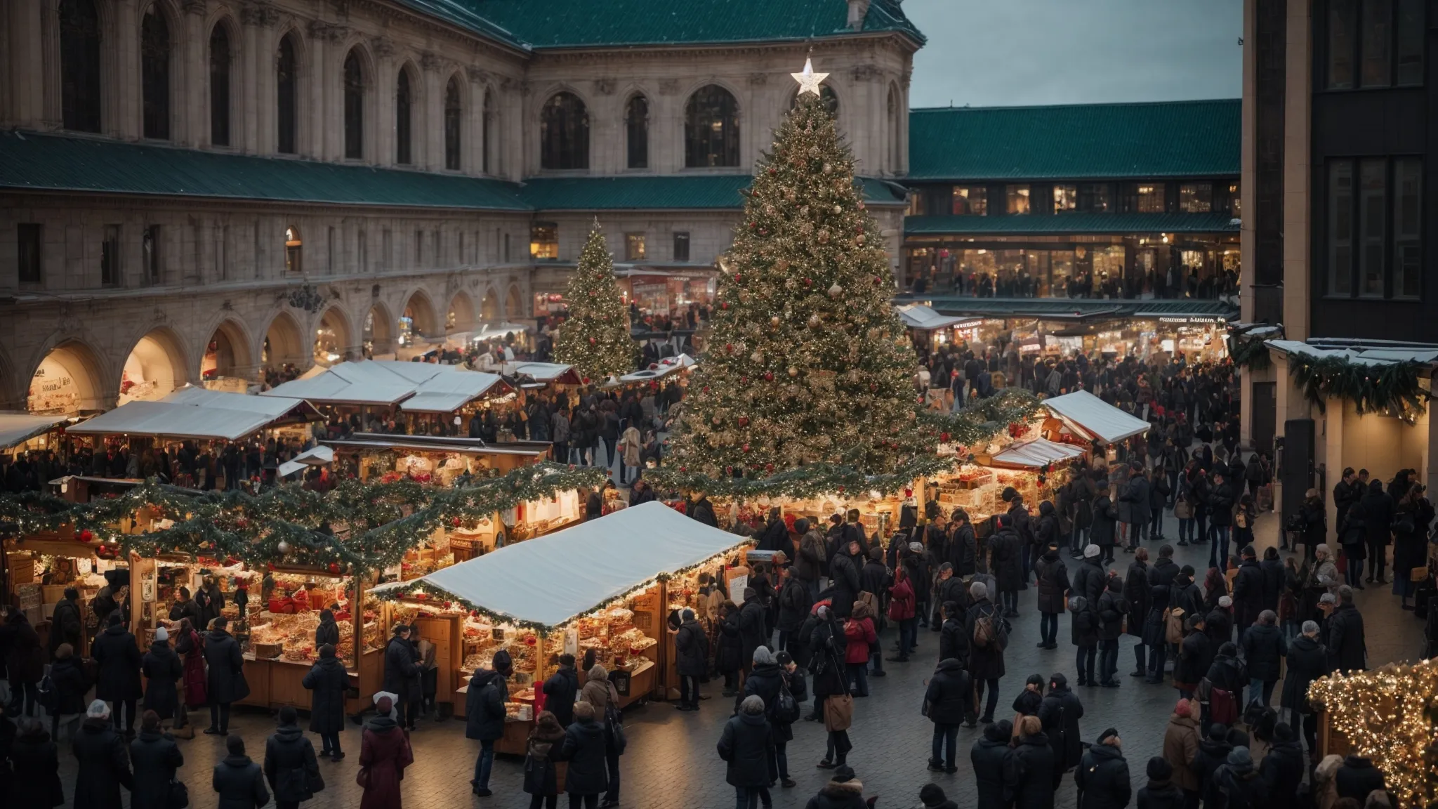 a bustling holiday market square with crowded stalls and a towering christmas tree, where people are capturing moments with their smartphones.