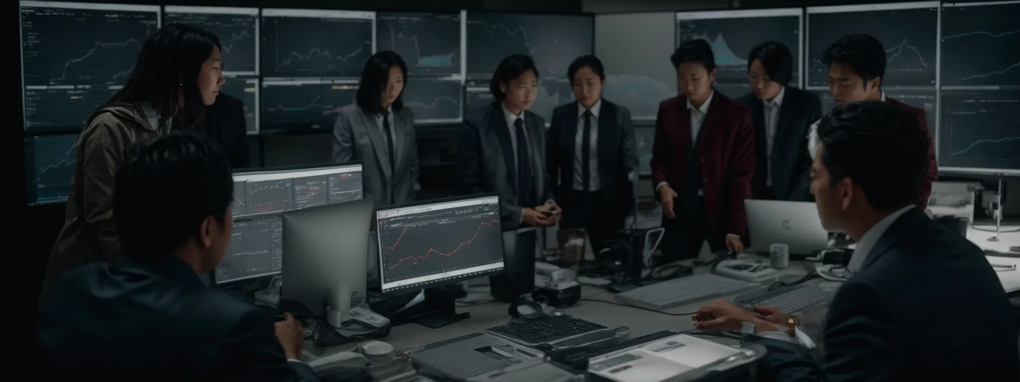 a diverse team gathered around a large computer monitor reviewing complex graphs and data analytics dashboards.