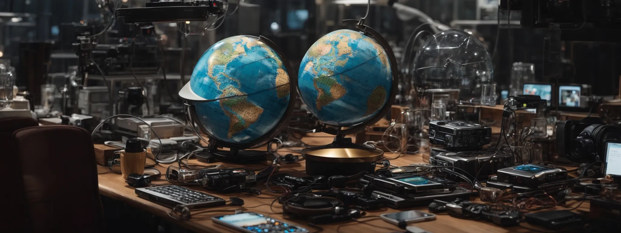 a globe surrounded by various technological devices illustrating global digital connectivity.