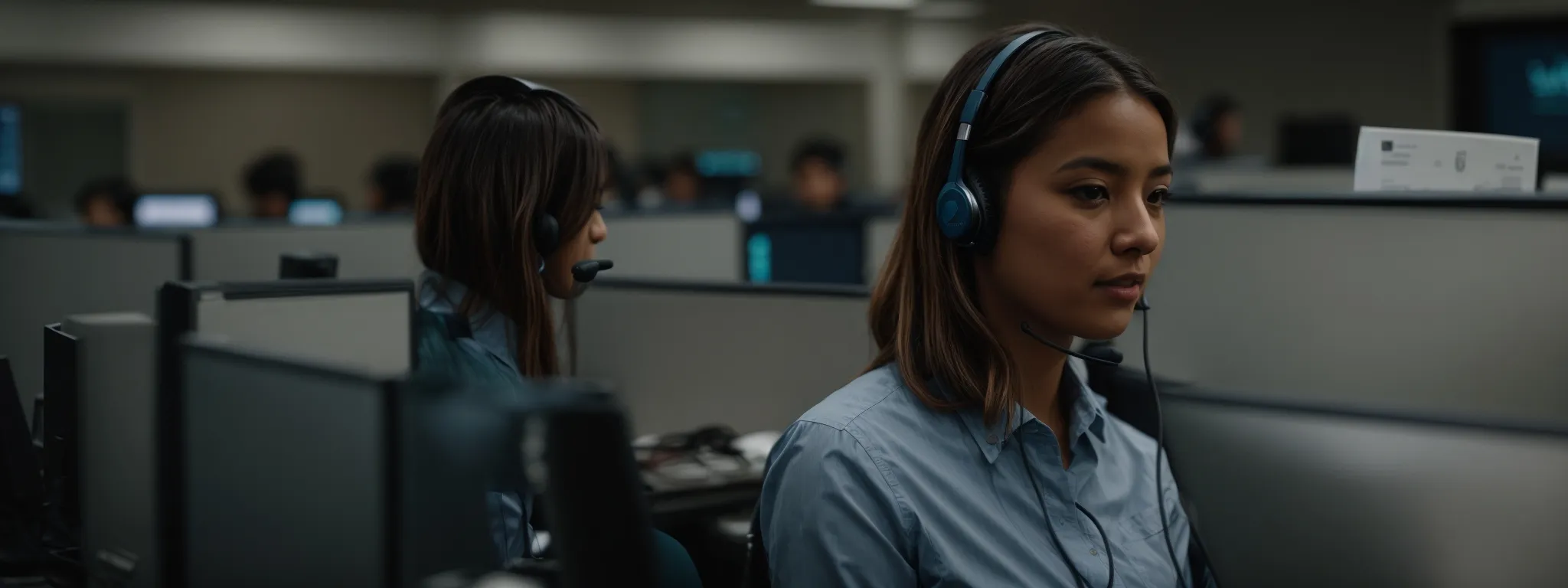 a customer service representative wearing a headset in a call center, ready to assist users with their queries.