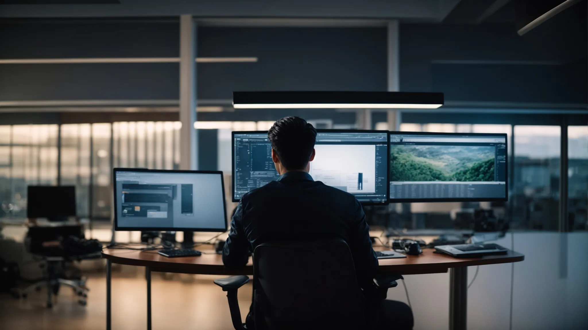 a person sitting calmly in a bright workspace, intently focused on optimizing a website layout on a modern computer screen.