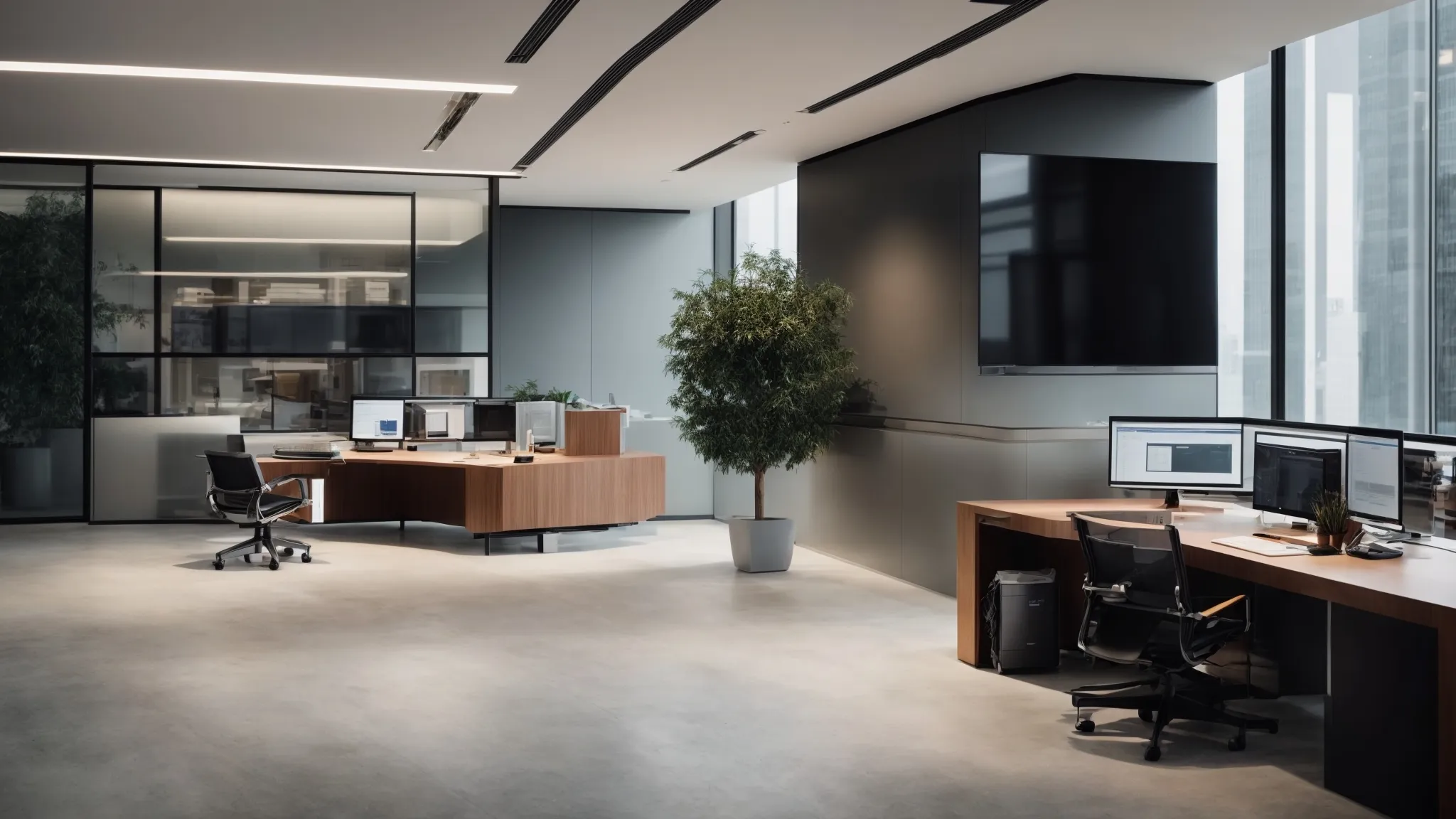 a sleek, modern office with minimalist design, featuring a large computer screen showcasing a user-friendly interface with clear categories.