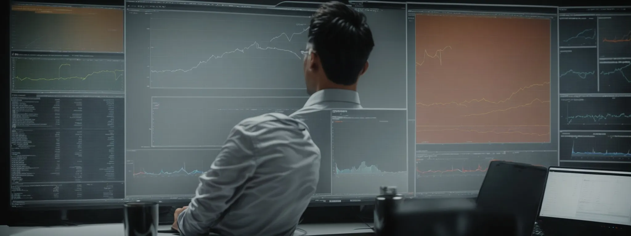 a person analyzing graphs and charts that represent a website's structure on a large monitor.