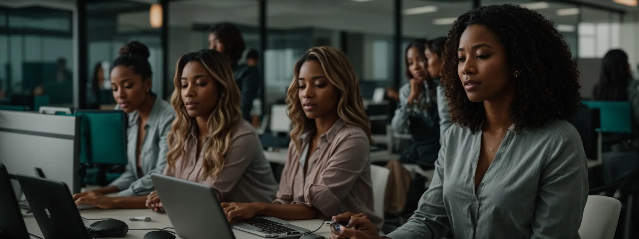 a group of diverse women in a modern office engaging with smartphones and computers, symbolizing dynamic online networking and leadership.