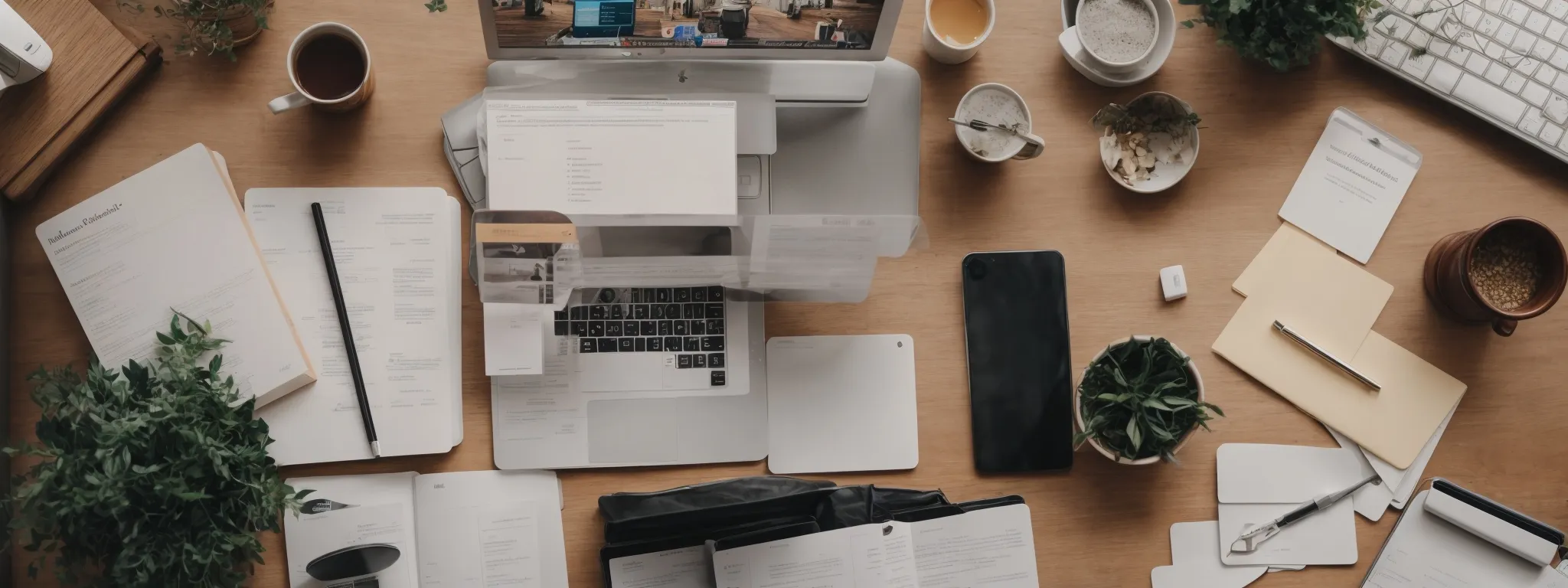 a top view of a neatly organized office desk with an open laptop displaying a flowchart representing a website's hierarchical structure.