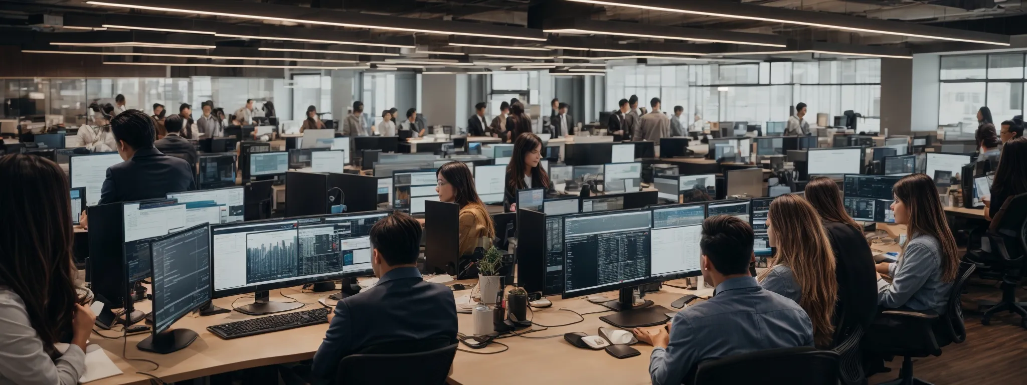 a bustling digital marketing team is brainstorming around a modern, vibrant office space, filled with monitors displaying social media analytics.