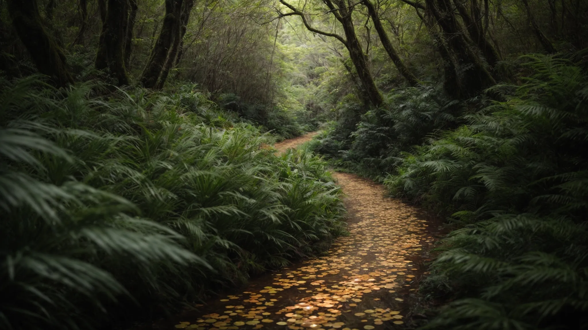 two distinct paths diverging in a lush forest, one naturally trodden and the other paved with gleaming gold coins.