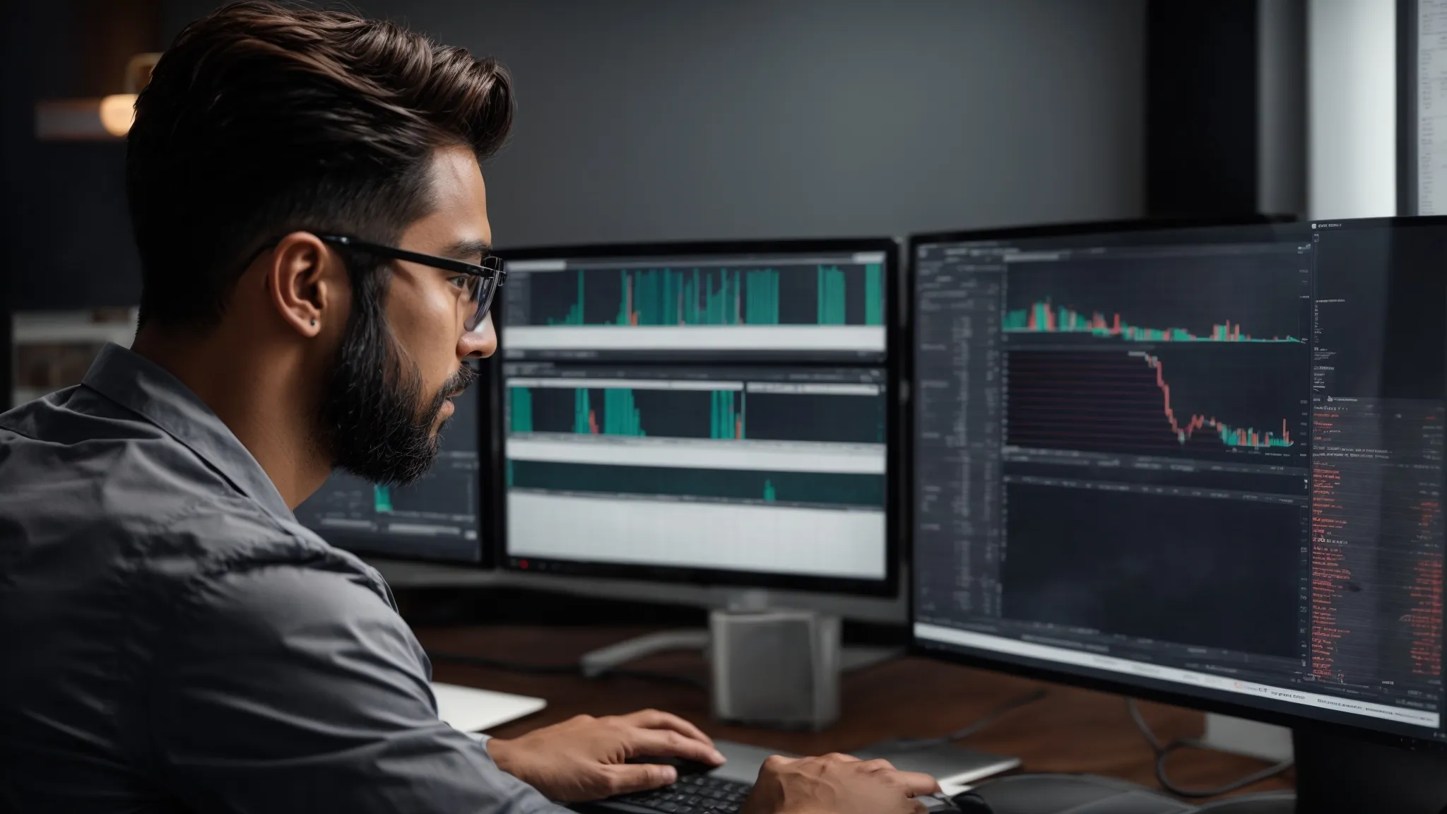a digital marketing expert examines complex data analytics on a dual-monitor setup to refine a website's seo strategy.