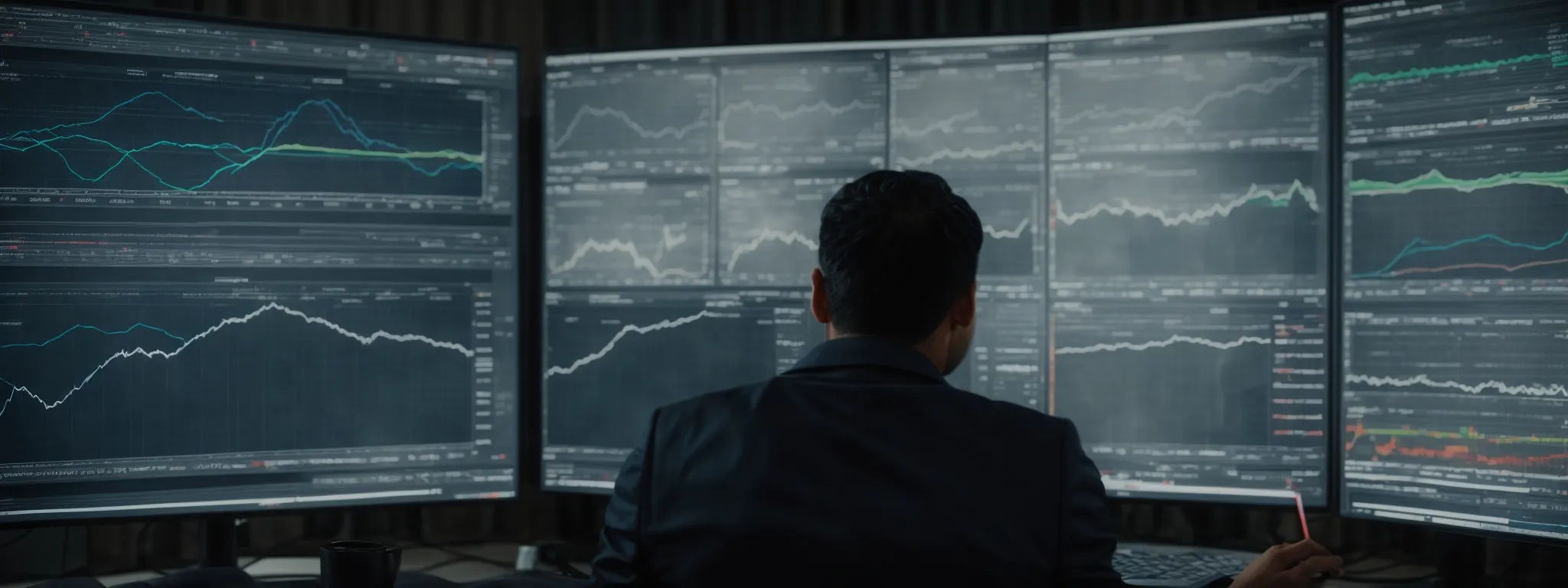 a person intently analyzing complex data charts that represent web traffic and industry trends on a large monitor.