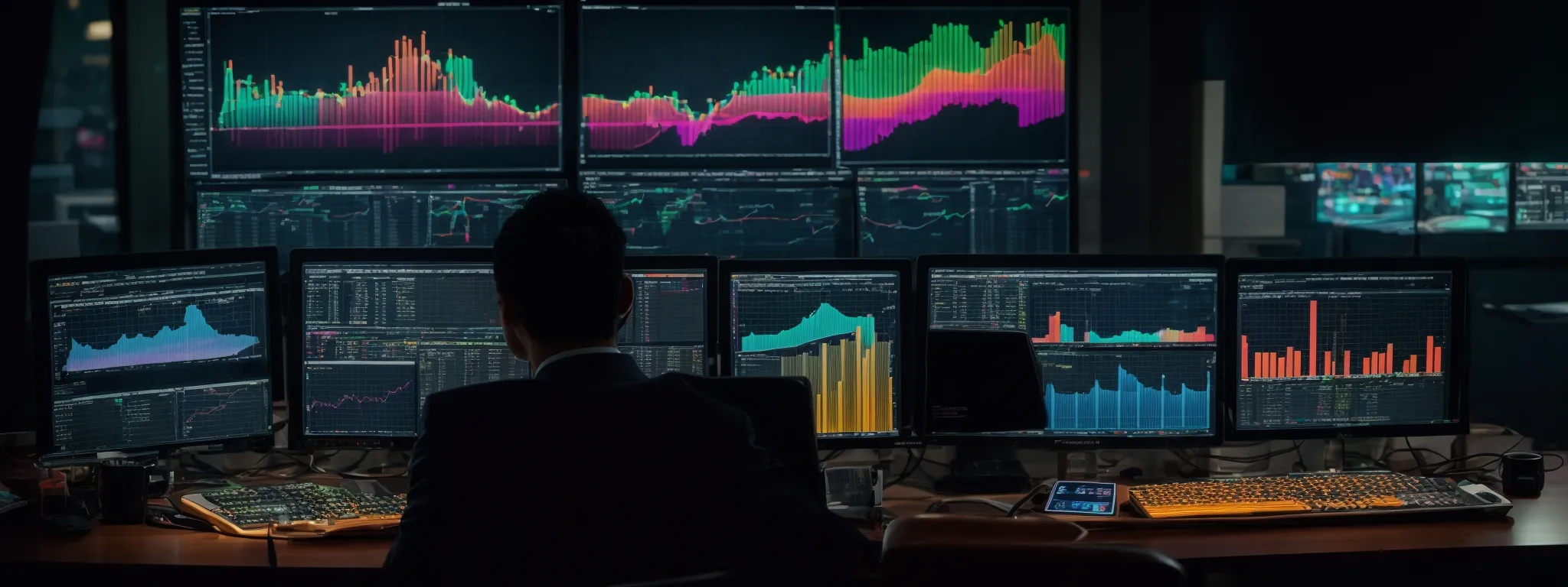 a person sitting at a desk with multiple computer screens displaying colorful graphs and charts.