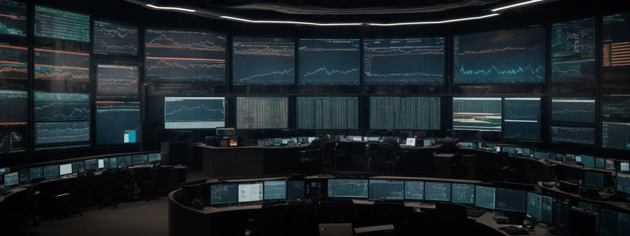 a modern control room with large screens displaying graphs and analytics for industrial optimization.