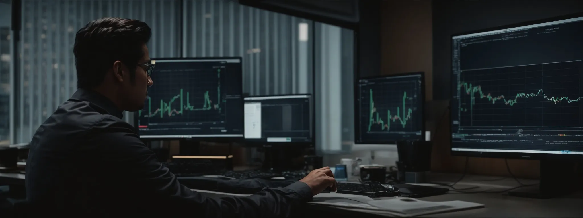 a person intently analyzing graphs and charts on a computer screen in a modern office setup.