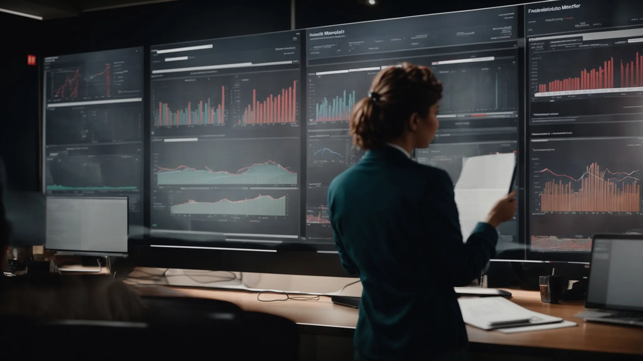 a marketing team scrutinizing a dashboard displaying fluctuating metrics representing the impact of their paid advertising on organic website traffic.