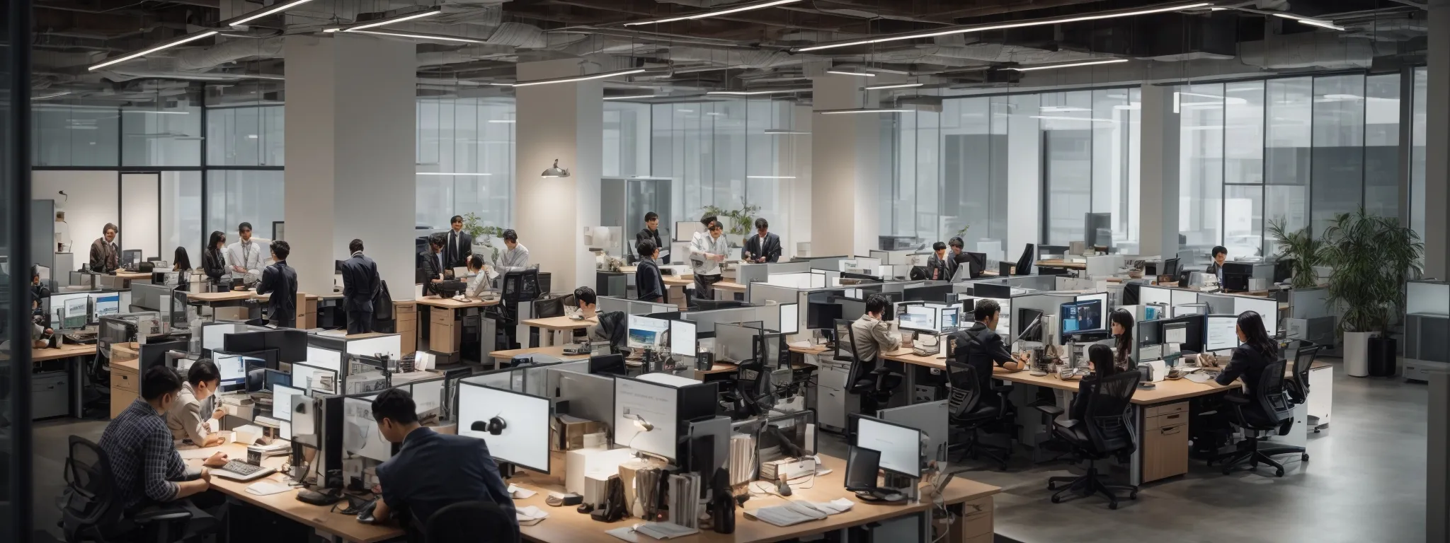 a bustling open-plan office with a diverse team engaging over computers and marketing materials, discussing strategies.