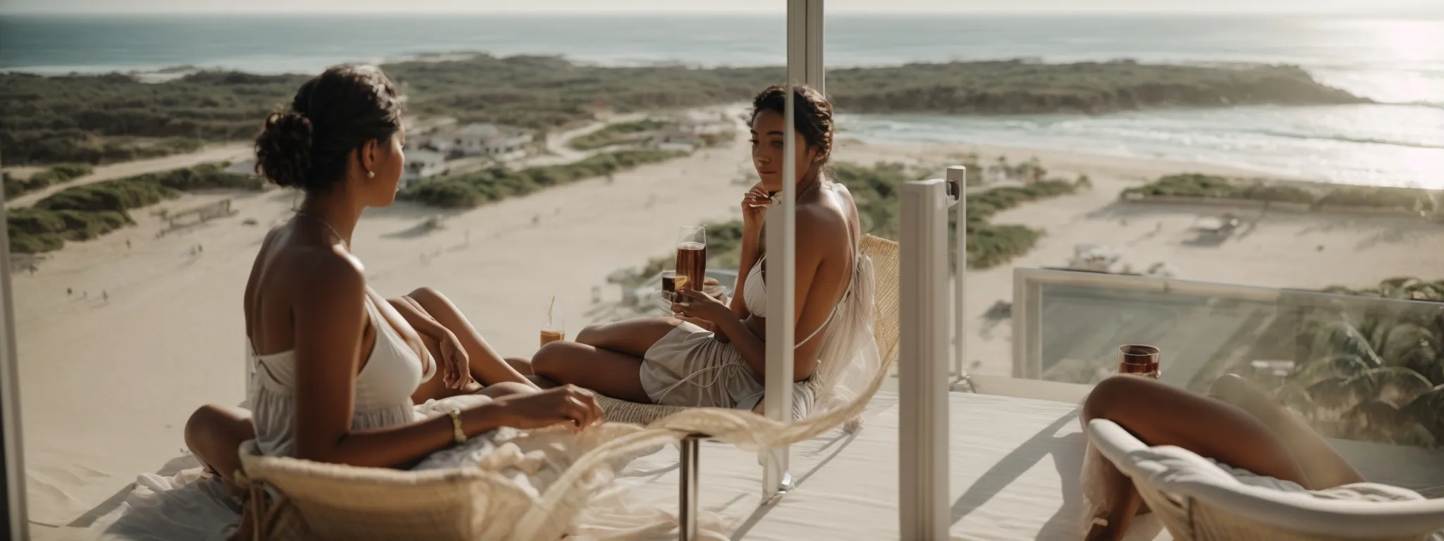 a relaxed couple lounging with a view of the serene beach from their vacation rental balcony.