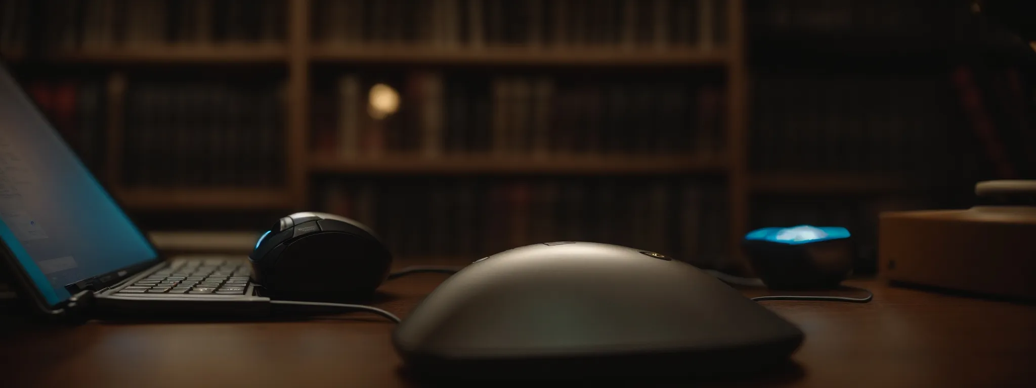 a person in a spacious, dimly lit library clicking on a vintage computer mouse as a symbol of delving into the depths of search engine knowledge.