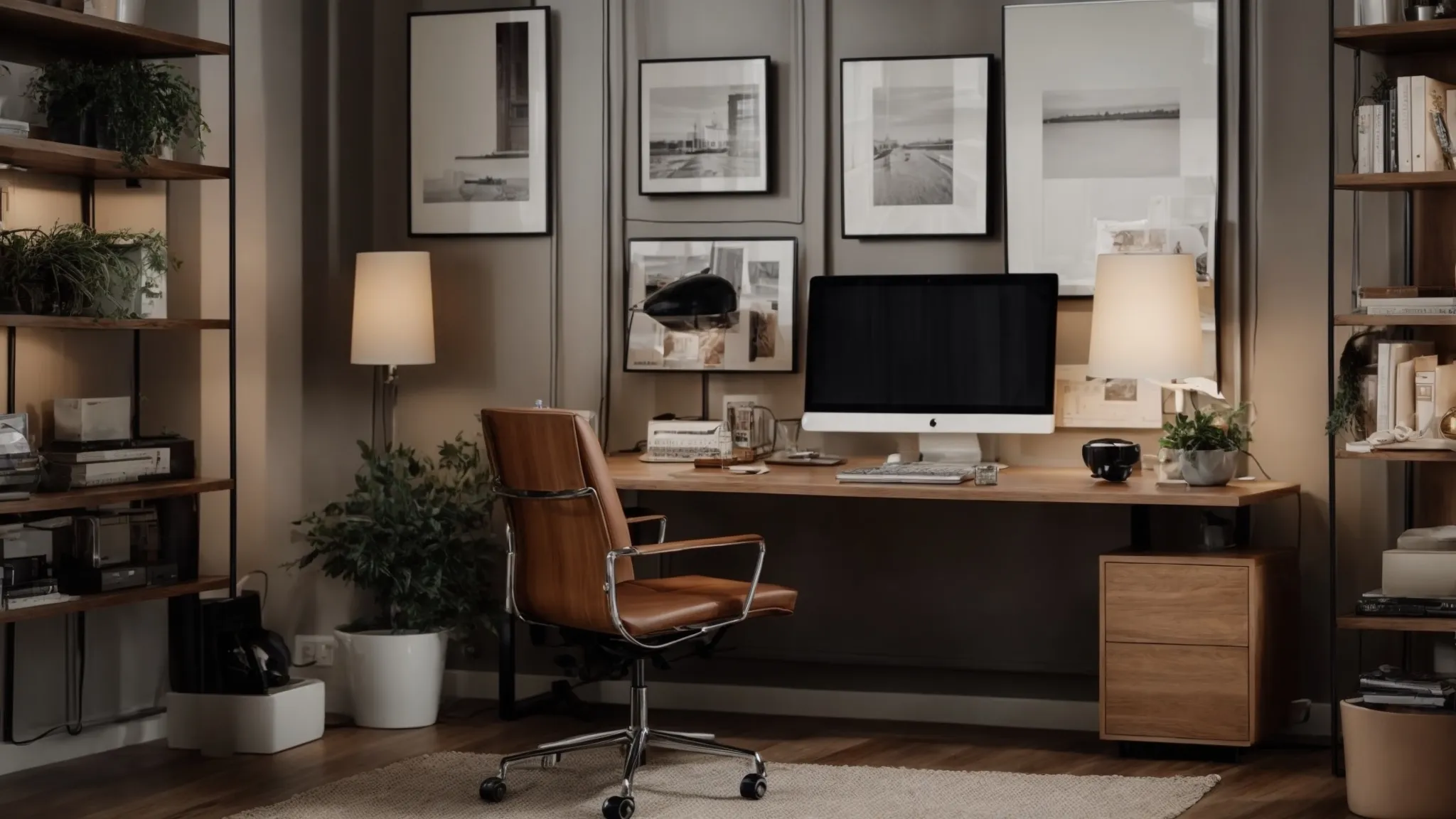 a neat, well-lit home office with a computer displaying a real estate website surrounded by well-placed furniture.