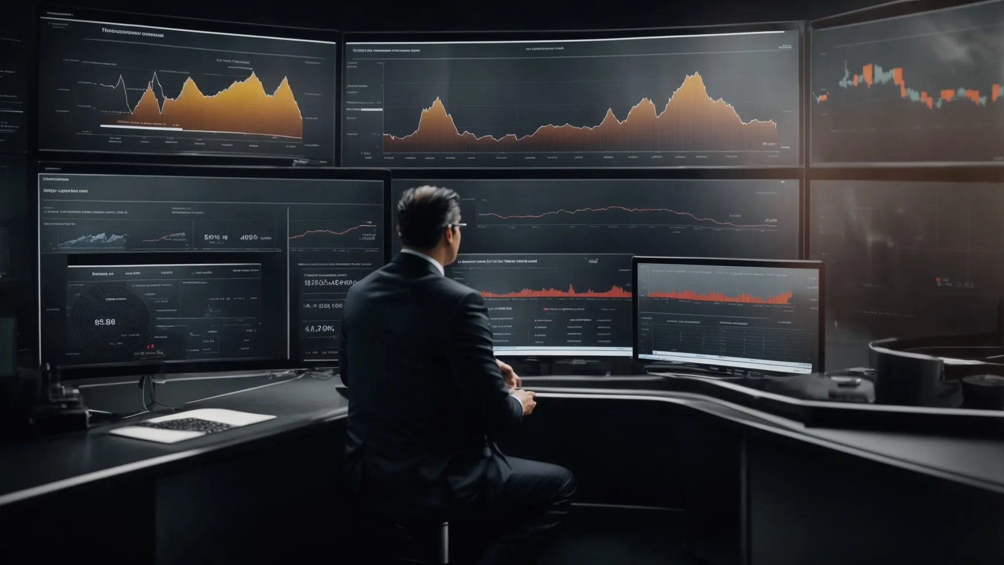 two executives examine a large dashboard displaying various graphs and charts related to automotive industry metrics.