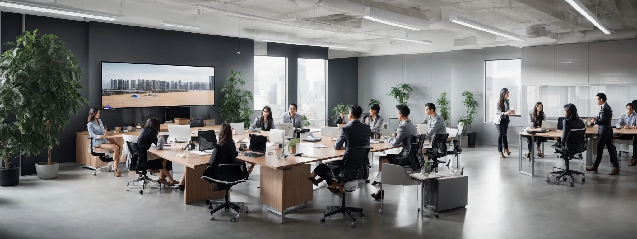 a panoramic view of a sleek, modern office space with a diverse team engaged in a collaborative planning session around a large, digital interactive whiteboard.
