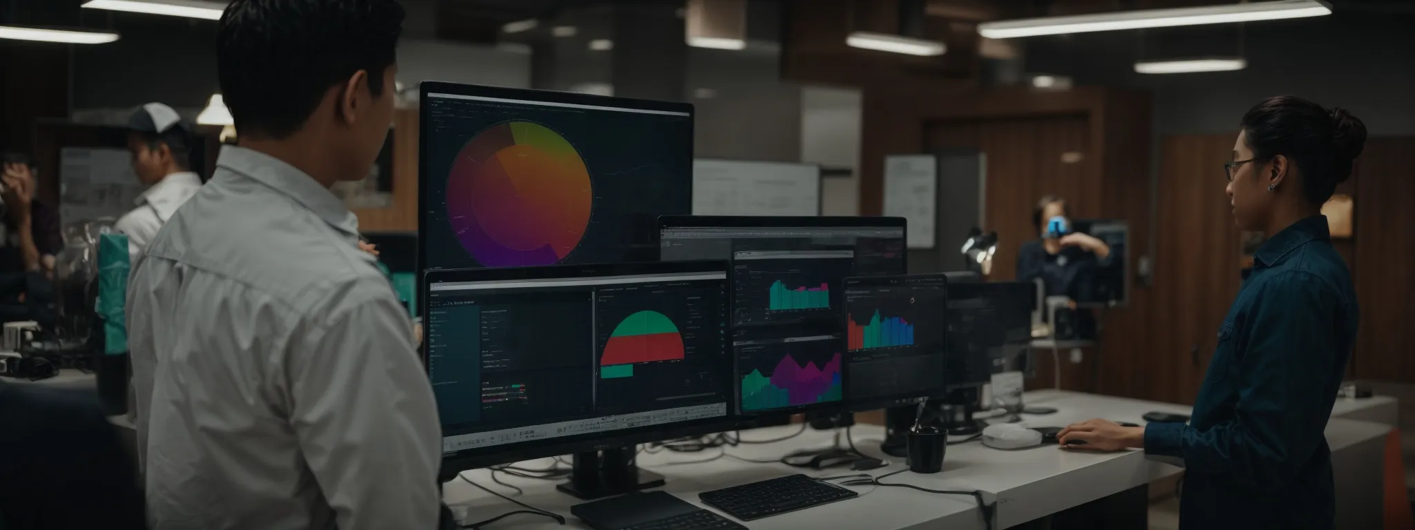 a team gathers around a computer display, reviewing a colorful analytics dashboard that outlines a digital marketing strategy.