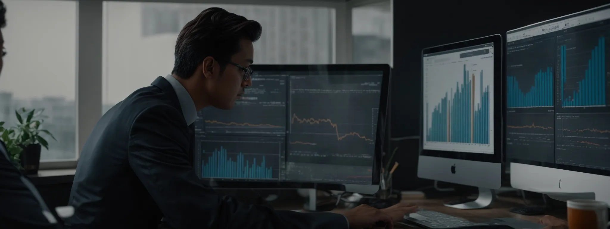 a business professional examining charts and graphs on a computer screen, indicating website performance analysis.