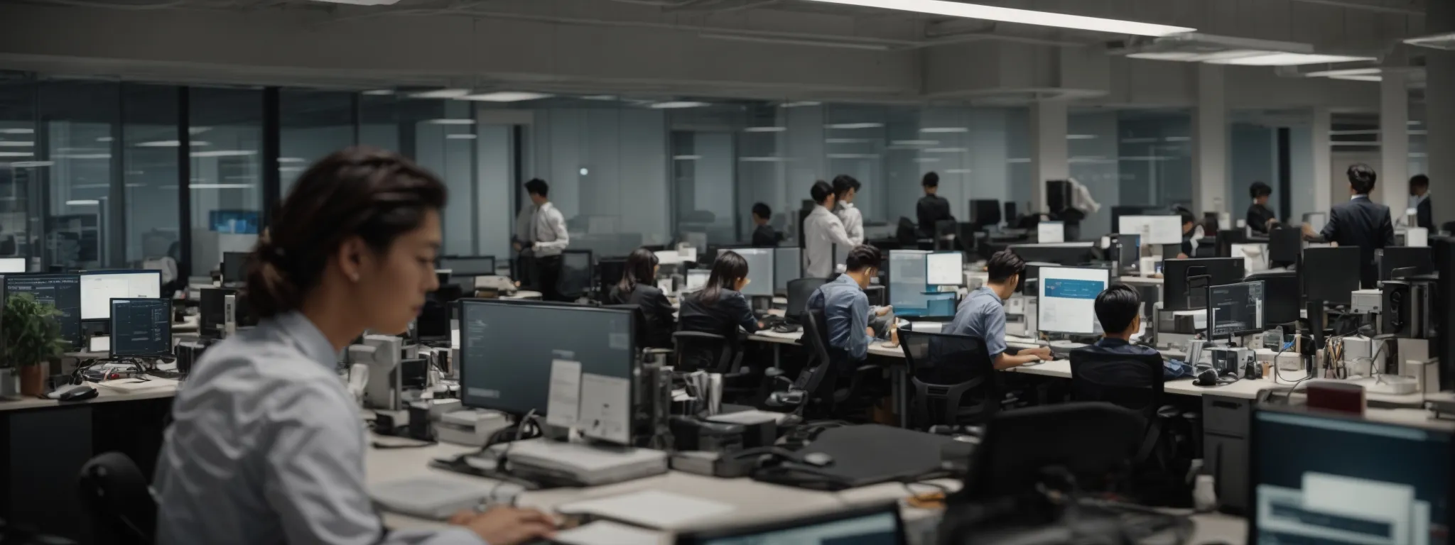 a bustling office with professionals working intently at computers in a modern workspace.